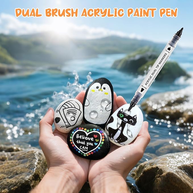 Black White Acrylic paint Markers Dual Tip Set, 6pcs Automatic Ink-Control Fine Tip and Brush Tip, Acrylic Paint Pen For Rock Painting, Metal, Glass, Wood, Fabric, Porcelain, Ceramic