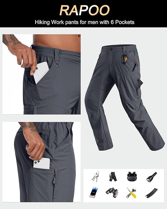 Rapoo Mens Hiking Pants Lightweight Water Resistant Breathable Nylon Cargo Pants with 6 Pockets