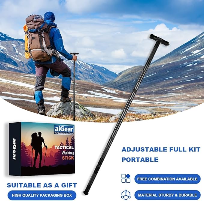 aiGear Tactical Stick Hiking Walking Staff - Trekking Poles Outdoor Tactical Staff Adjustable Hiking Stick for Survival Camping Hiking