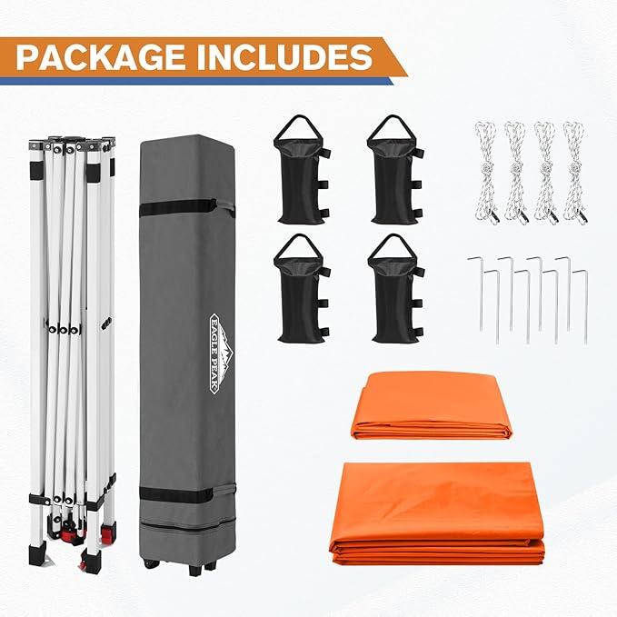 EAGLE PEAK Pop Up Canopy Tent with 1 Sidewall, Easy Setup Event Tent, Outdoor Sun Shade, Wheeled Carry Bag, Stakes and Guy Ropes, Instant Canopy 10x10, Orange