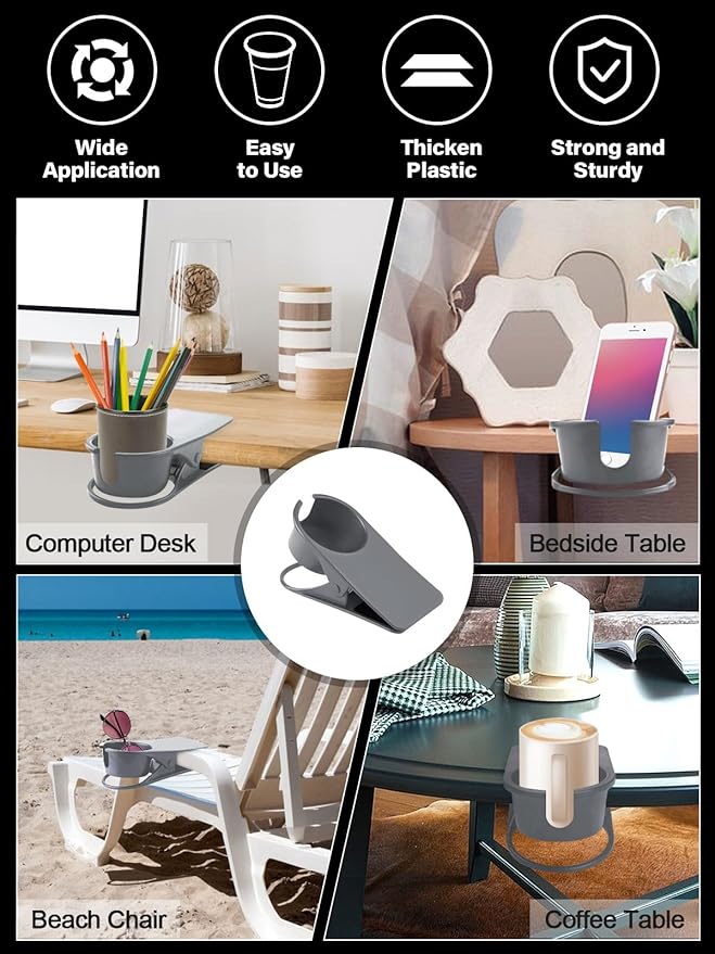 Kalolary 2PCS New Drinking Cup Holder Clip with Groove Table Bottle Cup Stand DIY Glass Cup Clamp Storage Saucer Clip Water Coffee Mug Holder Saucer Clip for Home Desk, Grey