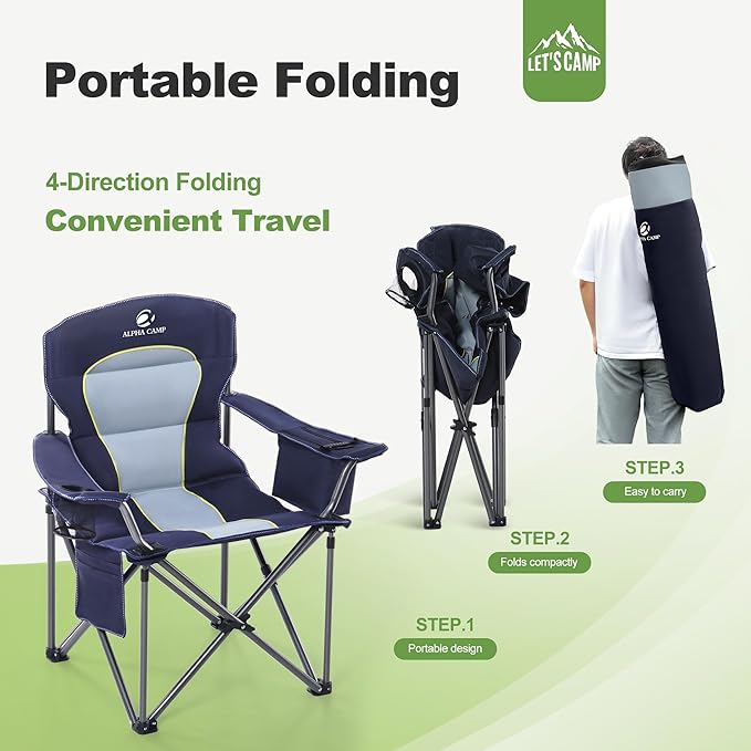 LET'S CAMP Oversized Folding Camping Chair Portable Outdoor Heavy Duty Padded Chairs Lawn Chair with Cup Holder, Storage Pocket and Cooler Bag, Supports 450LBS, for Camp, Travel, Picnic (Blue)