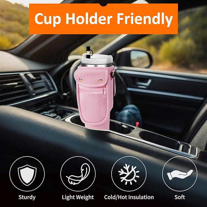 Water Bottle Carrier Bag with Phone Pocket for Stanley 40/30 oz Tumbler Neoprene Insulated Mug Sleeve Pouch with 2 Pockets & Adjustable Strap & Straw Cover for Stanley Cup Accessories