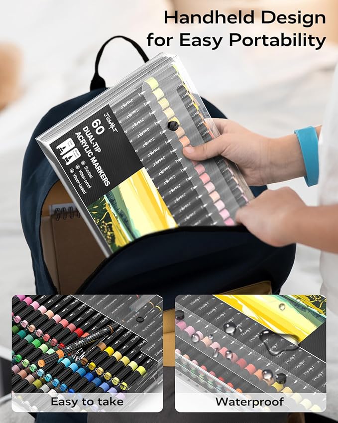 JusArt 60 Colors Dual Tip Acrylic Paint Pens Markers, Brush and Fine Tip, Premium Paint Pens for Wood, Canvas, Egg, Stone, Fabric, Rocks, Metal, Glass, Ceramic, DIY Crafts Making Art Supplies Gifts