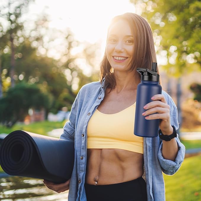 DOMICARE 32 oz Insulated Water Bottle Bulk, Vacuum Insulated Stainless Steel Sports Water Bottle with Straw Lid & Spout Lid, Leakproof, Reusable - Travel, Camping, Bike, Navy Blue (4 Pack)