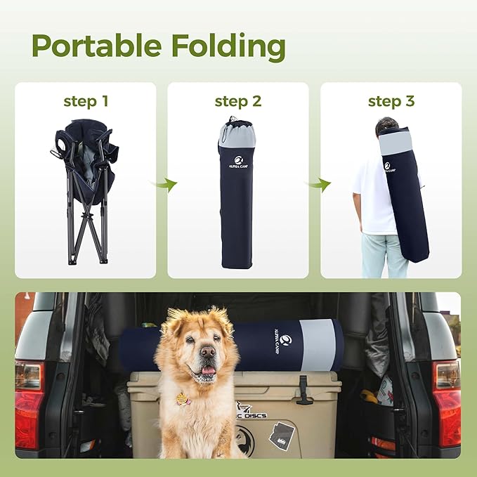 ALPHA CAMP Oversized Camping Chair Heavy Duty Lawn Chair with Cooler Bag Support 450 LBS Steel Frame Collapsible Padded Arm Quad Lumbar Back Folding Chair for Lawn Outdoor