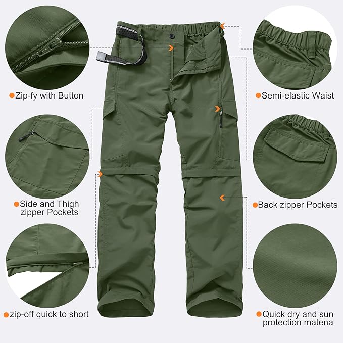 Mens Hiking Pants Quick Dry Lightweight Fishing Convertible Zip Off Safari Trousers