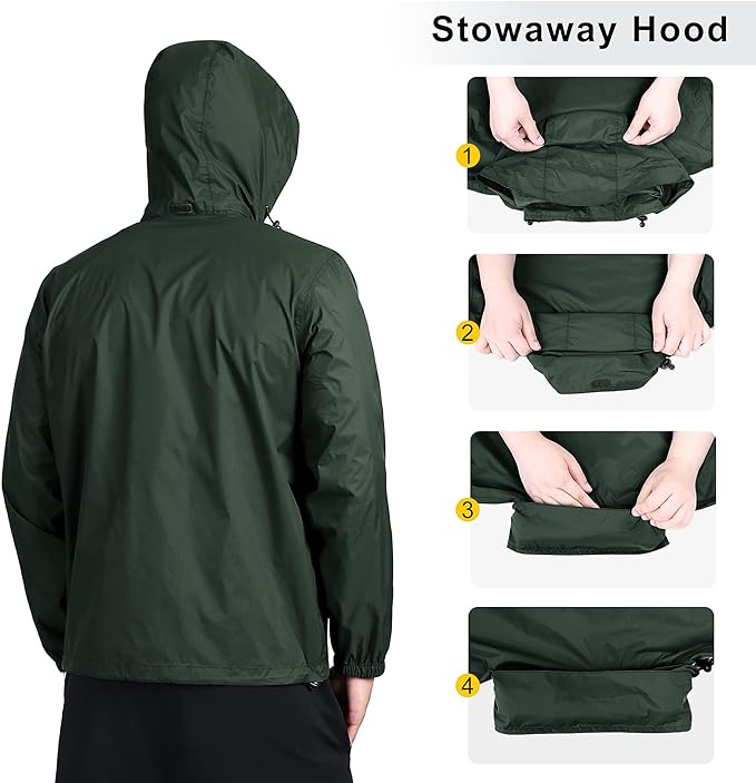 Outdoor Ventures Men's Rain Jacket Waterproof Lightweight Packable Rain Shell Raincoat with Hood for Golf Hiking Travel