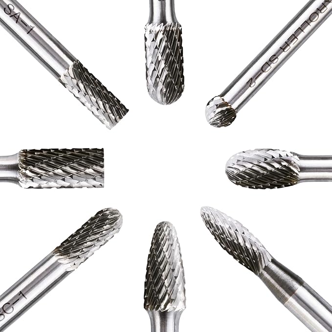 Carbide Burr Set, 1/4" Shank 8PC Double Cut Die Grinder Rotary Tool Cutting Burrs Set for Metal and Wood Working Carving, Engraving, Polishing, Grinding with Portable Round Storage Case