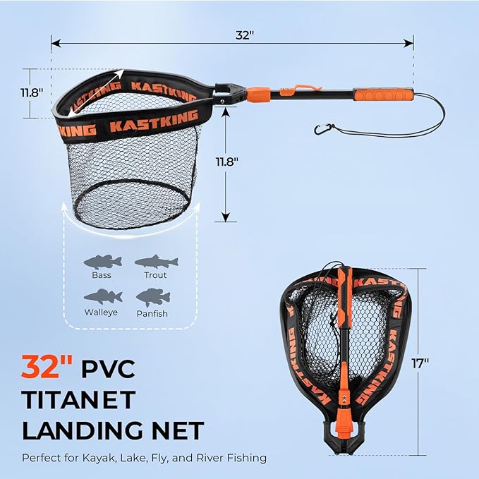 KastKing Titanet Fishing Net, Durable Aluminum Handle, Non-Slip Hi-Vis Grip, Compact Bag & Lanyard, Ideal for Kayak, Lake, Fly, or River Fishing, 2 Net Options