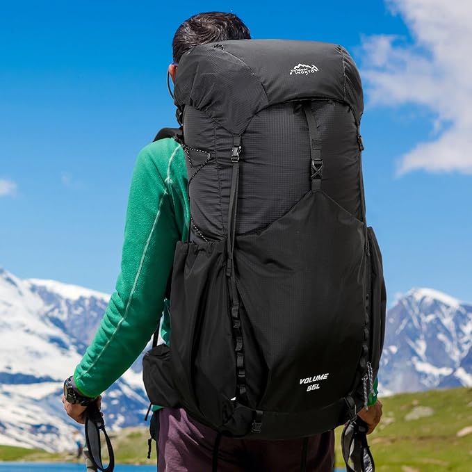 55L Internal Frame Waterproof Hiking Camping Backpack with 3L Water Bladder and Rain Cover, Large Lightweight Travel Daypack Rucksack for Climbing (8120 Black)