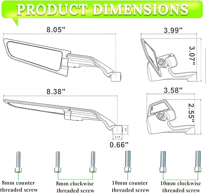 Motorcycle Rear View Mirrors, Stealth Wind Wing Side Mirrors Compatible with 2025 Kawasaki Z400 Z650 Z900 Z1000 Duke 125 200 250 390 690 790 1290 MT03 MT07 MT09 MT10 etc(Anti-glare)