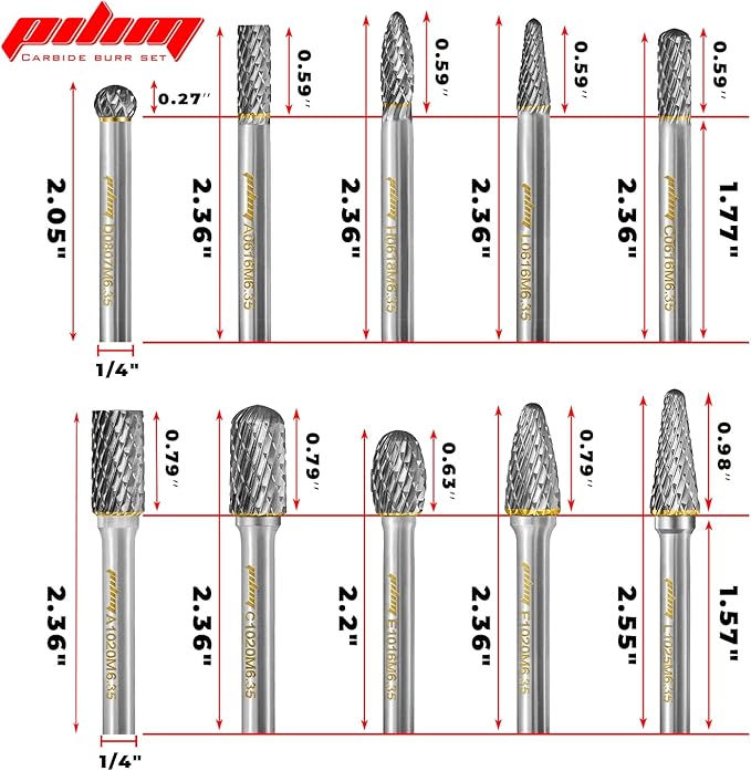 Tungsten Carbide Burr Set 1/4" Shank 10PC Double Cut Rotary Cutting Burrs Die Grinder Bits for Steel and Wood Working, Grinding, Carving, and Engraving