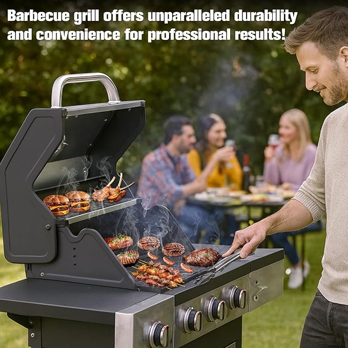 CIG GARDEN 3-Burner Propane Gas Grill With Side Burner,Double-layer Stainless Steel BBQ Grill Lid with Cast Iron Grates,41,500 BTU Output Perfect for Outdoor Cooking,Backyard,Camping,BBQ Grill