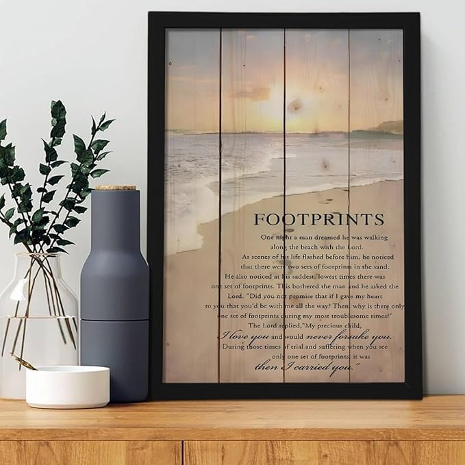 Footprints in the Sand Religious Canvas Wall Art Posters, Inspirational Beach Sunset Poem Print Poster (Black Framed 16x24inch, Footprints(1))