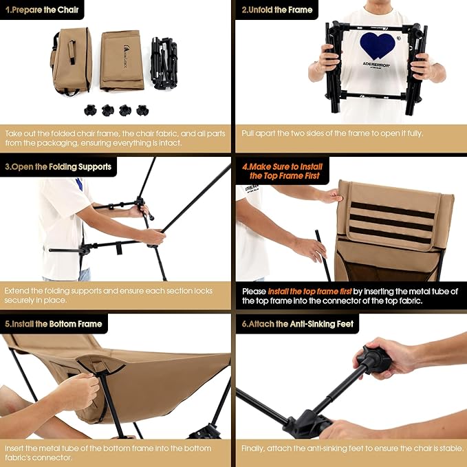 MOON LENCE Oversized Camping Chair for Adults, Height Adjustable High-Back Folding Camping Chair with 400 lbs Capacity, Hidden Pillow Pocket and Wide Seat for Camping, Hiking, Picnics, Khaki