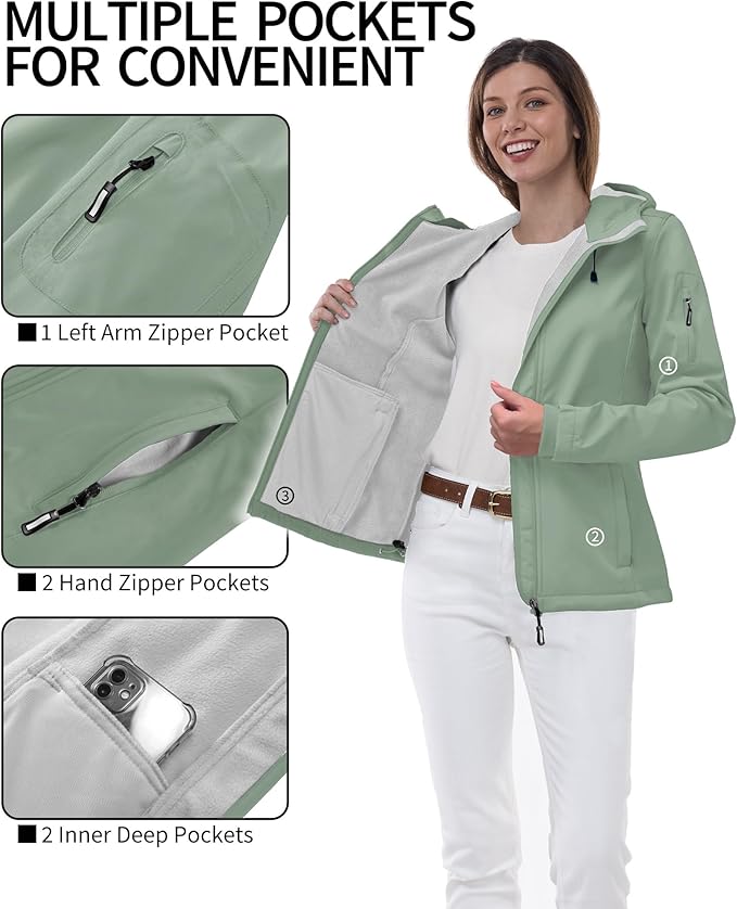 Outdoor Ventures Women's Softshell Jacket with Hood Fleece Lined Warm Lightweight Waterproof Insulated Windbreaker