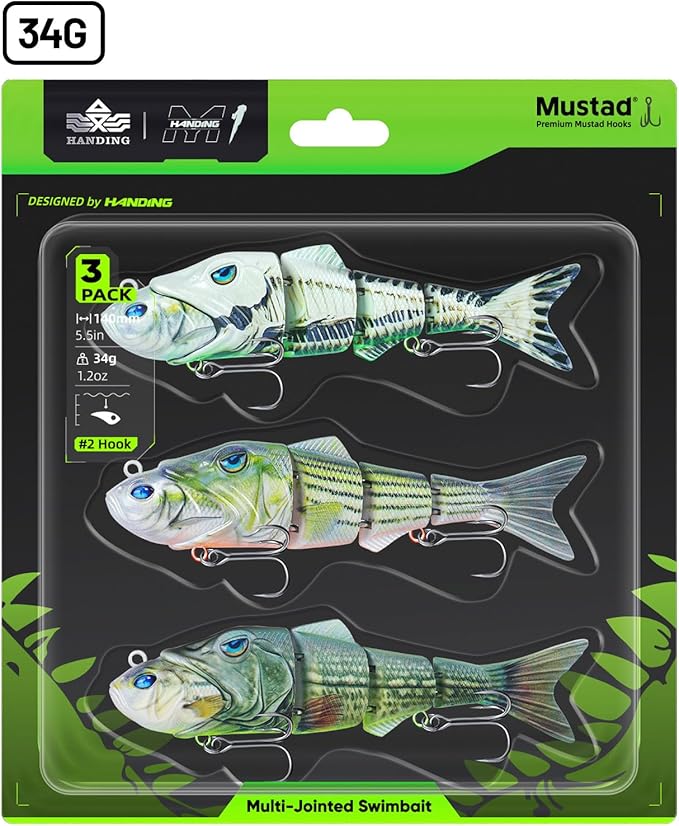 Handing Swimbaits for Bass Pike Walleye, 3 Pieces Lifelike Multi-Jointed Fishing Lures with Mustad Hooks, Fishing Bait for Freshwater and Saltwater