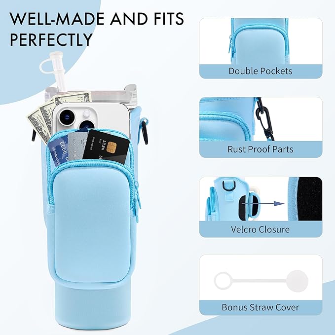 Water Bottle Carrier Bag with Phone Pocket for Stanley Cup 40/30 oz, Water Bottle Holder with Adjustable Strap& Straw Cover, Stanley Cup Accessories