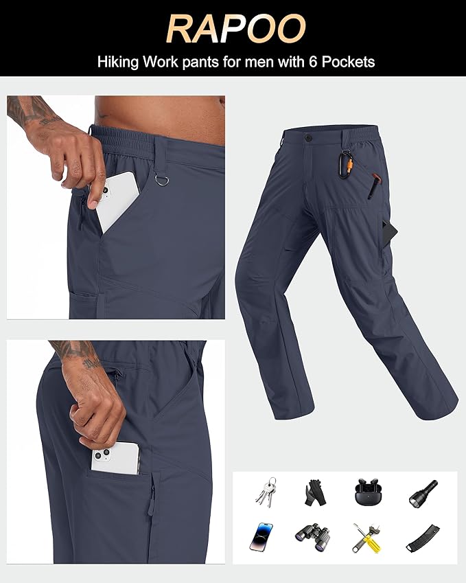Rapoo Mens Hiking Pants Lightweight Water Resistant Breathable Nylon Cargo Pants with 6 Pockets