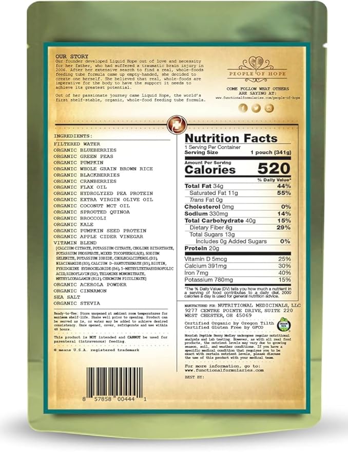 FUNCTIONAL FORMULARIES Nourish Organic Pediatric Peptide, Berry Medley, Tube Feed Formula, 20g Protein, 8g Fiber, 12 Oz (24 Pack)