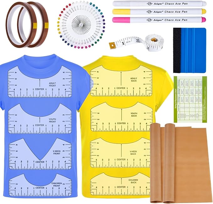 18Pcs Sublimation Accessories, Tshirt Ruler Guide Vinyl Alignment Tool, Heat Press Accessories, Teflon Sheet Non Stick 16x20, Heat Resistant Tape 0.4" x108ft, PVC T Shirt Rulers to Center Designs