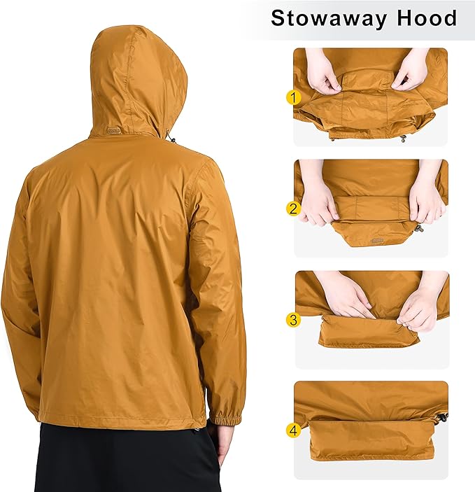 Outdoor Ventures Men's Rain Jacket Waterproof Lightweight Packable Rain Shell Raincoat with Hood for Golf Hiking Travel