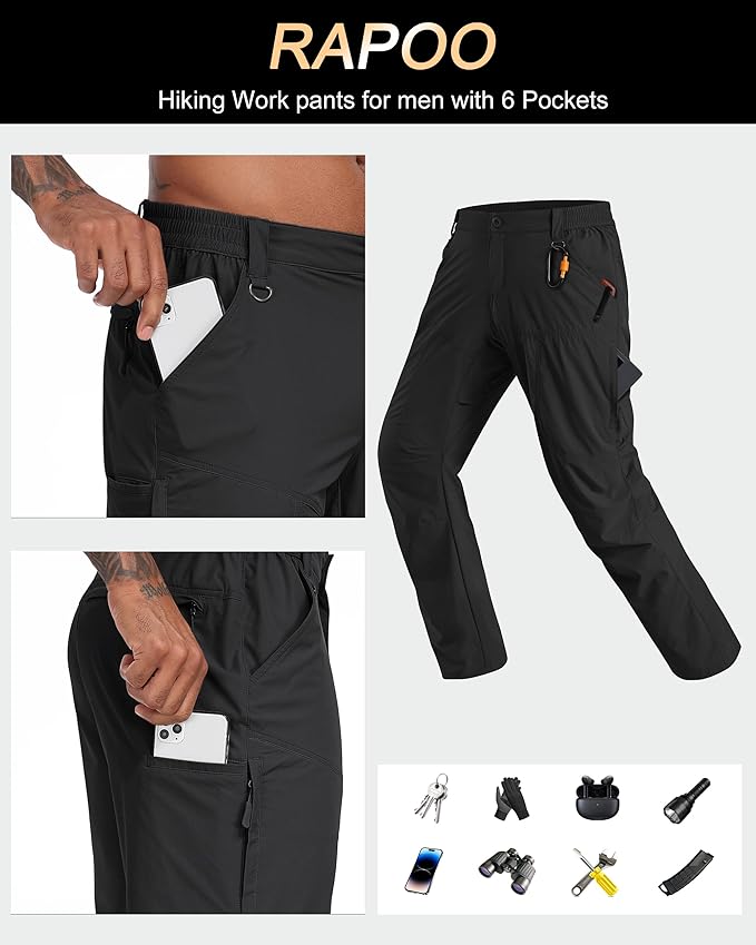 Rapoo Mens Hiking Pants Lightweight Water Resistant Breathable Nylon Cargo Pants with 6 Pockets