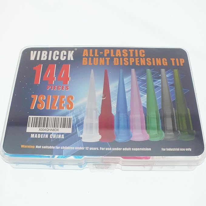 VIBICCK 7sizes, 144 blunt tip glue dispensing nozzles Blunt-nosed needle glue applicator, used for applying industrial liquids, adhesives, inks, perfumes,All-plastic