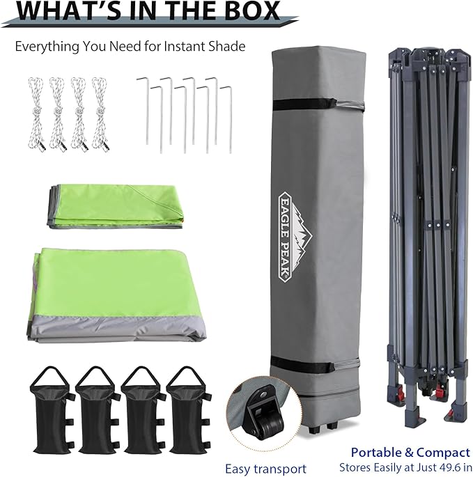 EAGLE PEAK 13x13 Straight Leg Pop Up Canopy Tent Instant Outdoor Canopy Easy Single Person Set up Folding Shelter w/Auto Extending Eaves 169 Square Feet of Shade (Gray)