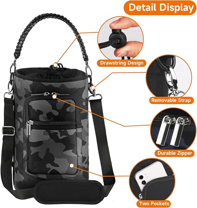 32/40/64/128 oz Neoprene Insulated Water Bottle Carrier Bag, Sling Bag Sleeve Pouch Holder with Strap & Paracord Handle and 2 Pocket for Travelling, Hiking, Camping