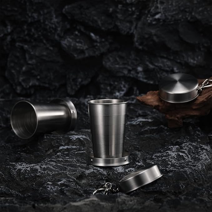 Tessco for you 6 Pieces Collapsible Shot Glasses Stainless Steel Collapsible Cup Reusable Portable Travel Folding Cup with Lid and Keychain for Camping Hiking Cycling(2.5 oz)