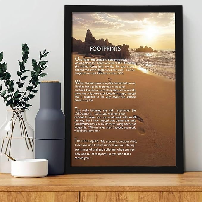 Footprints in the Sand Religious Canvas Wall Art Posters, Inspirational Beach Sunset Poem Print Poster (Black Framed 24x36inch, Footprints(2))