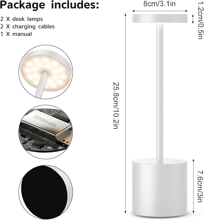 2Pack Cordless Table Lamp, Rechargeable LED Battery 5000mAh Metal USB Portable Powered Desk Lamp, 3 Levels Brightness Light for Restaurants Outdoor (2 Pack 10.25in White)