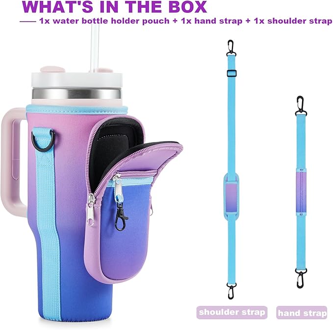 Water Bottle Carrier Bag with Phone Pocket for Stanley 40 & 30 oz Tumbler with Handle,Pink Insulated Neoprene Cup Holder Pouch w/Adjustable Strap for Quencher H2.0 Stanley Cup Accessories