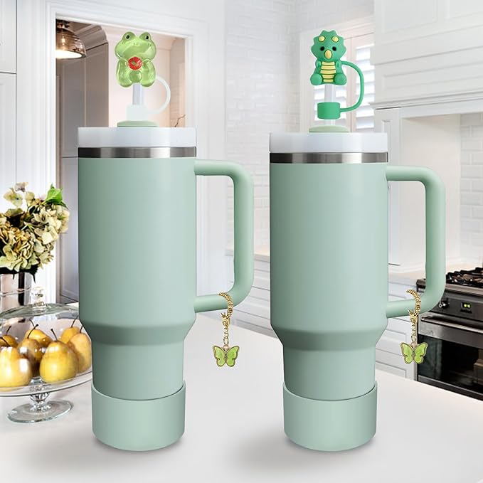 Stanley Cup Accessories Set,Including 2 Pcs 0.4in Straw Cover, 1 Silicone Spill-Proof Stopper, 1 Cute Handle Charm, 1 Silicone Boot Fits Stanley 40&30 Oz Tumbler (Eucalyptus Green)