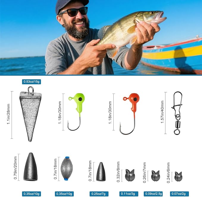 Fishing Weights Sinkers Kit, Fishing Tackle Kit, Includes Jig Head Hooks, Swivels & Sinker Weights for Bass Trout, Gifts for Men, Kids