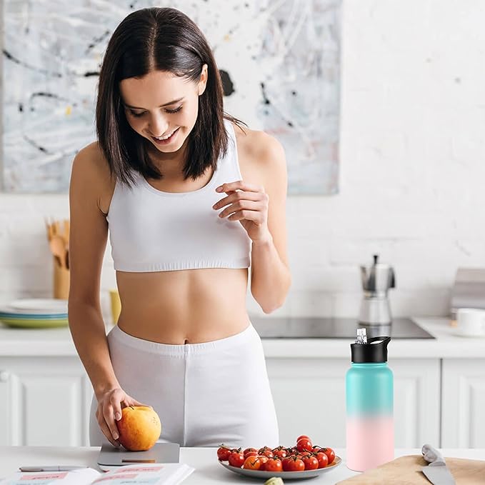 VEGOND 32 oz Insulated Water Bottle Bulk Stainless Steel Metal Water Bottles with Leak Proof Straw Lid & Spout Lid, Wide Mouth Double Walled Vacuum Travel Sports Bottle, 4 Pack