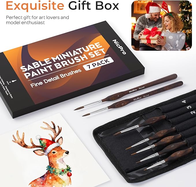 Nicpro 7pcs Kolinsky Sable Miniature Paint Brushes, Professional Fine Detail Paint Brushes with Cloth Roll, Round Point Artist Brush Set for Miniatures, Acrylic & Figures, Model, Watercolor Details