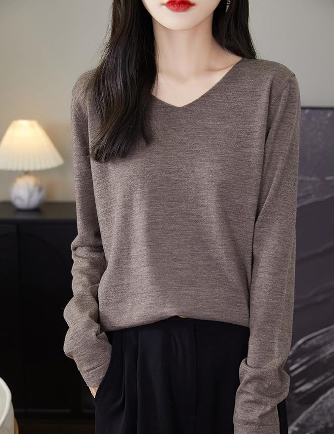 Chanyarn Women's 100% Merino Wool Base Layer Shirt Tops V Neck Long Sleeve Travel Hiking Tee T Shirt Pullover Sweater