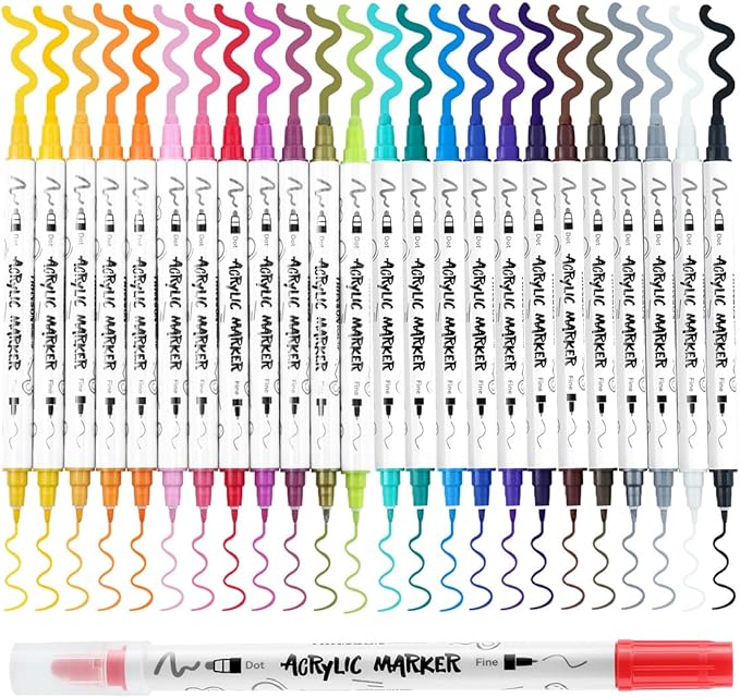 TRANSON 24 Color Bold and Fine Dual-tip Acrylic Paint Pen Set for Canvas Rock Wood Leather Ceramic DIY Painting
