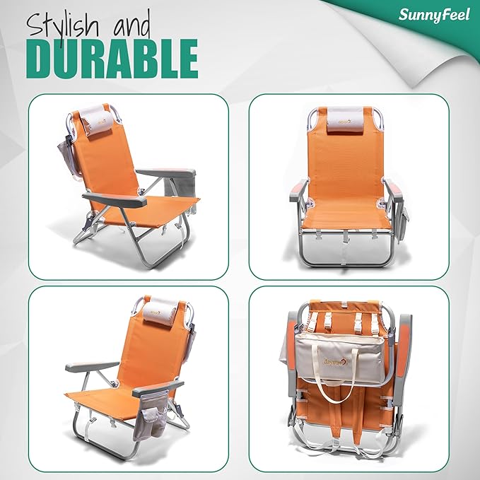 SUNNYFEEL Beach Chairs for Adults 2 Pack 5 Position Lay Flat, Portable Folding Backpack Beach Chair Heavy Duty with Cooler Bag, Cup Holder for Outdoor/Lawn/Picnic, Foldable Camping Chair