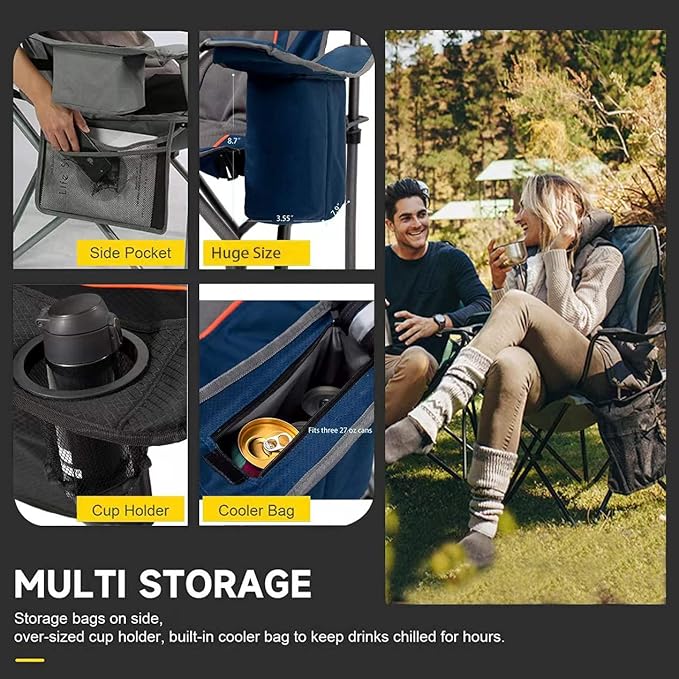 FAIR WIND Oversized Fully Padded Camping Chair with Lumbar Support, Heavy Duty Quad Fold Chair with Cooler Bag, Support 450 LBS, Black