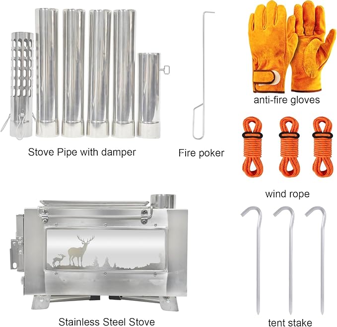 Outdoor Wood Burning Stove, Portable with Chimney Pipe for Cooking, Camping, Tent, Hiking, Fishing, Backpacking