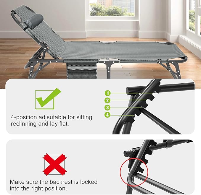 LILYPELLE Folding Outside Chaise Lounge Chair with Mattress, 5 Position Adjustable Patio Reclining Chairs Perfect for Outside, Sunbathing, Camping, Pool, Beach, Grey