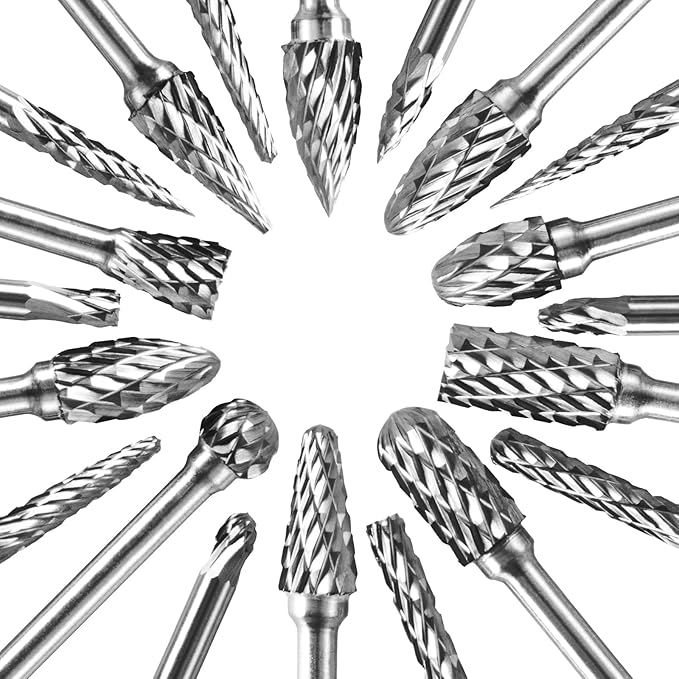 Tungsten Carbide Burr Set, 1/8" Shank 20PC Double Cut Die Grinder Rotary Tool Cutting Burrs Set for Metal and Wood Working Carving, Engraving, Polishing, Grinding with Clear Storage Case