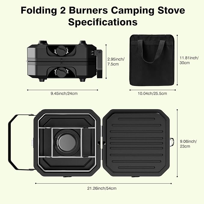 Camping Stove Portable Propane Camp Stove with Independently Adjustable Heat & Carry Bag, Foldable Gas Stove with 2 Burners for Outdoor Cooking,Tailgating & Backyard Gathering,BBQ (Black)