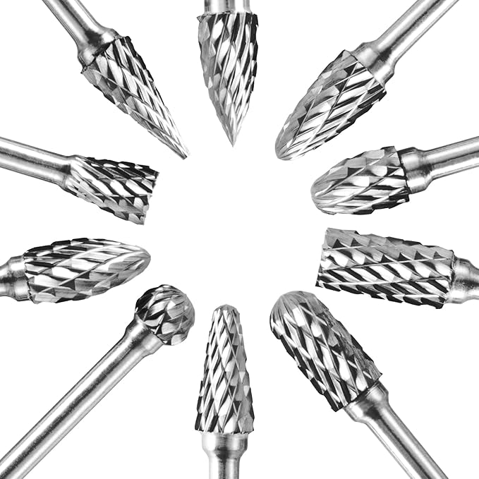 Tungsten Carbide Burr Set, 1/8" Shank 10PC Double Cut Die Grinder Rotary Tool Cutting Burrs Set for Metal and Wood Working Carving, Engraving, Polishing, Grinding with Clear Storage Case