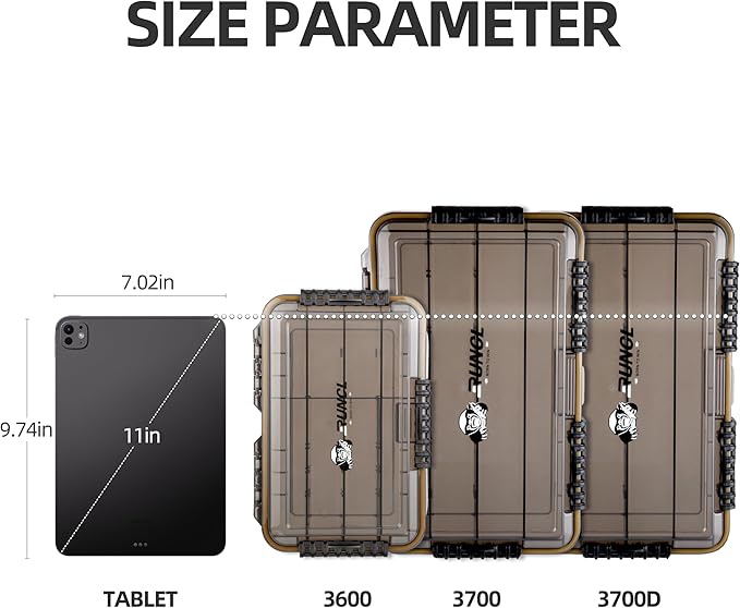 RUNCL Fishing Tackle Box, Waterproof Tray for Jigs Lures, Thicker Floating Tackle Utility Box with Adjustable Dividers, 3600/3700/Large 3700 Size