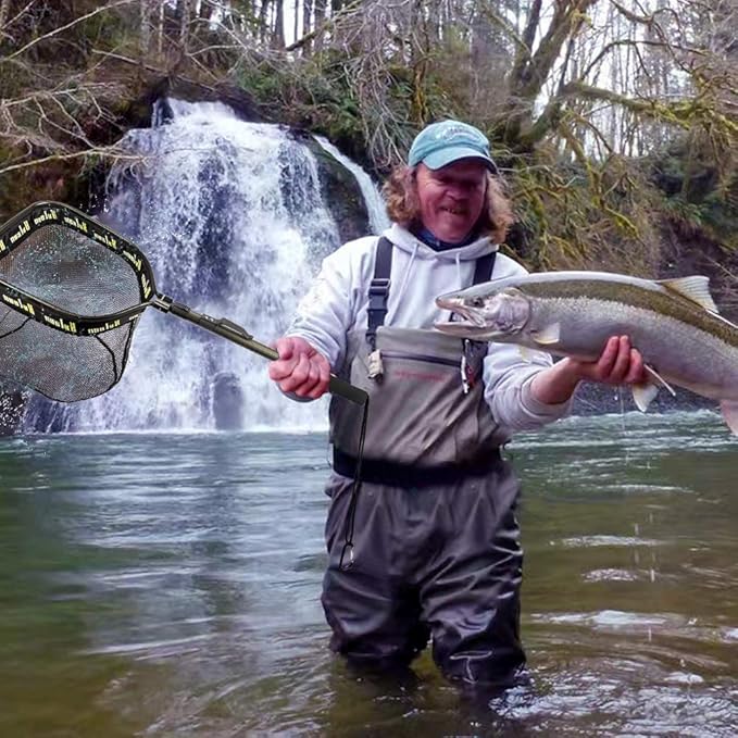 YVLEEN Floating Fishing Net - Folding Fishing Landing Net with Rubber Coating Mesh for Easy Fish Catch and Release, Fishing Net for Freshwater and Saltwater